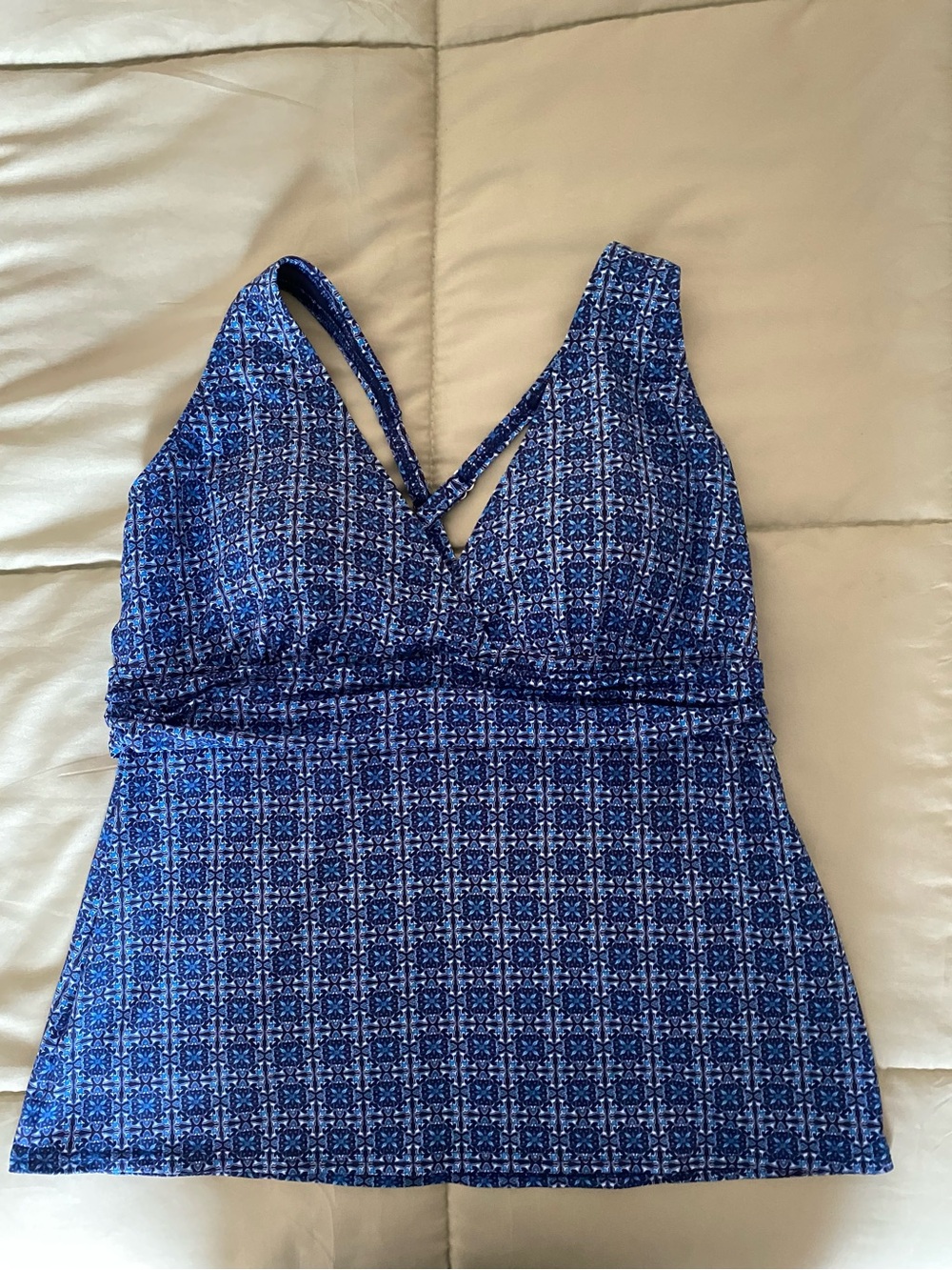 Lands End Blue Mosaic Patterned V-Neck Tankini Top